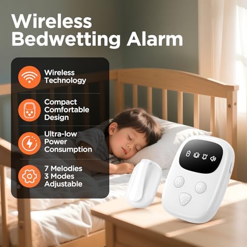 Ovevve white wireless bedwetting monitor transmitter clip detached next to user manual
