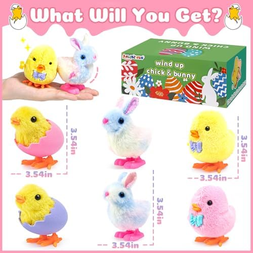Assorted pastel colored Easter plush chick and rabbit toys on a flat surface