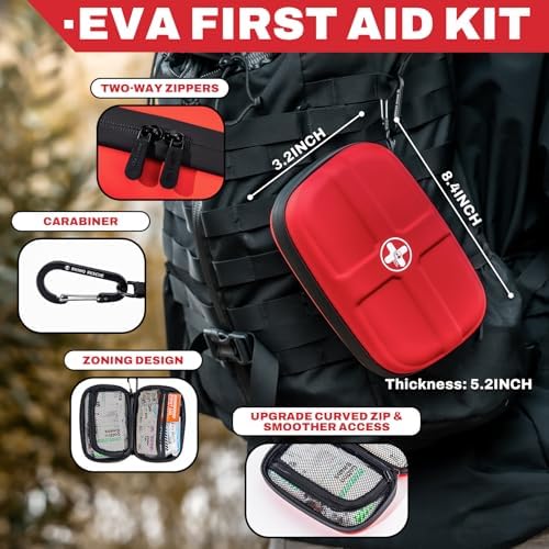 Compact Rhino Rescue first aid kit being clipped to a hiking backpack