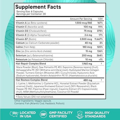 Nutra Womens Balance hair thickness capsules showcasing directions of use and comprehensive nutritional benefits