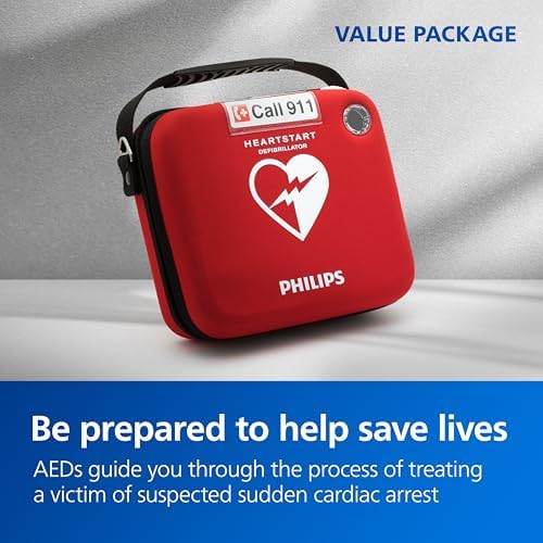 Philips AED voice prompt interface and green pull handle detail.