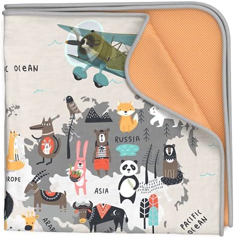 Educational cartoon animals and global continents illustration printed on the nursery floor mat.