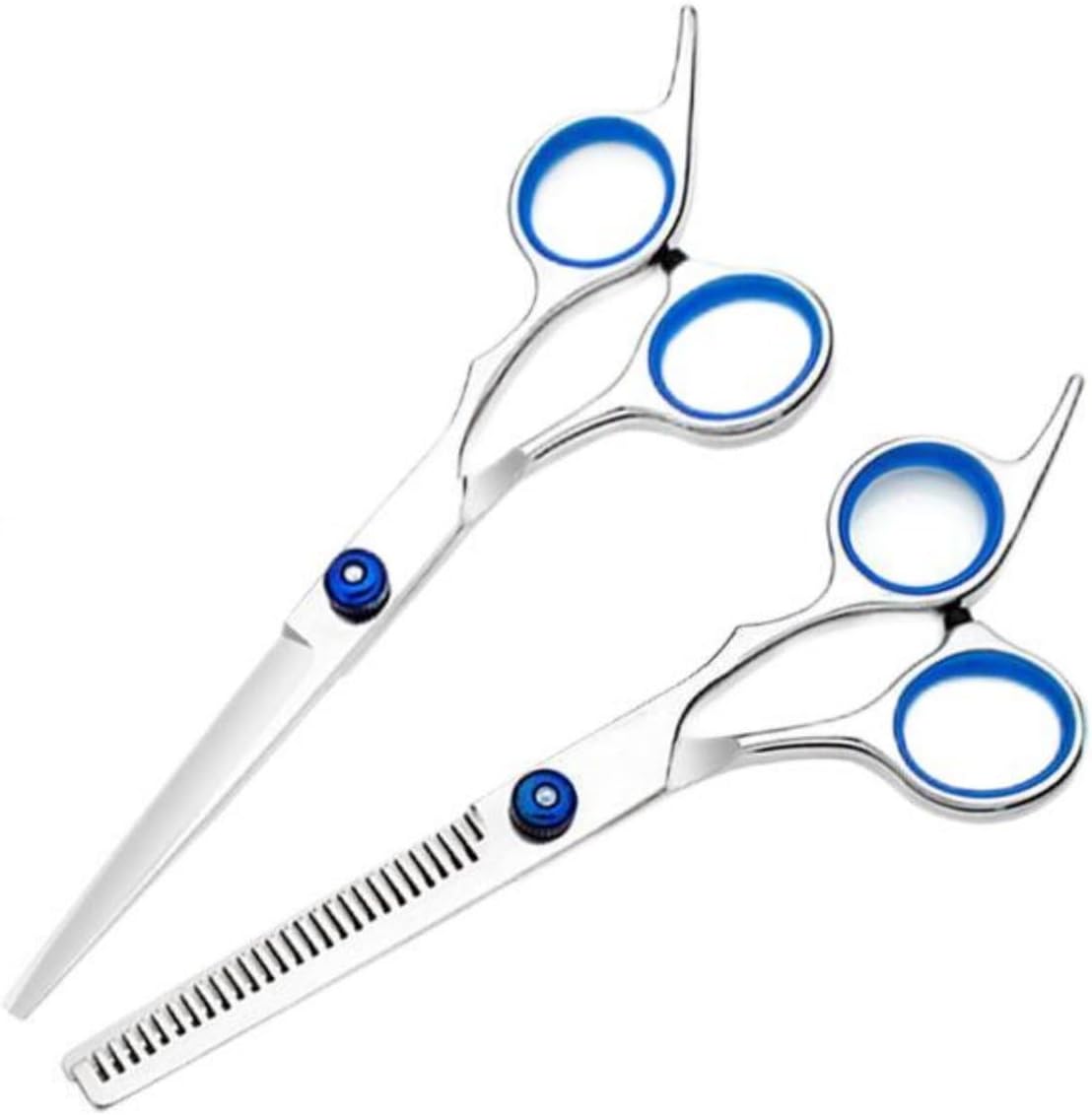 Newaner precision hair cutting kit front view showcasing professional stainless steel scissors and blue rubber finger inserts