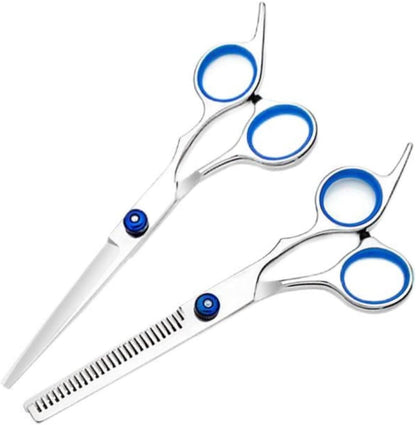 Newaner precision hair cutting kit front view showcasing professional stainless steel scissors and blue rubber finger inserts