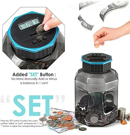 Top view of the electronic piggy bank lid highlighting the plus and minus adjustment buttons