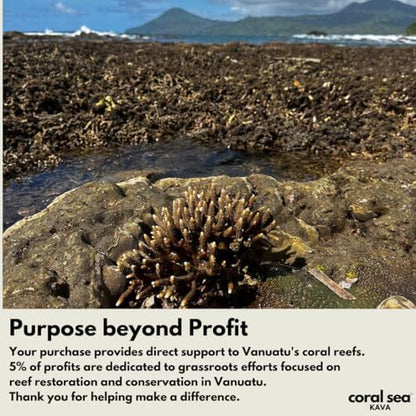 Coral Sea Kava Noble Vanuatu traditional grind product packaging on a clean background