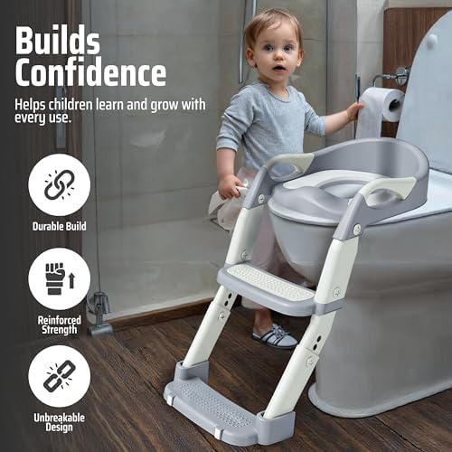 Zamno adjustable toddler toilet seat topper displaying the white and gray non-slip step steps.