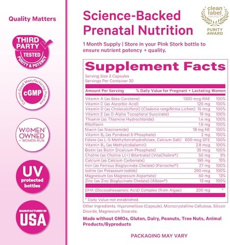 Pink Stork prenatal vitamin bottle branding and product details