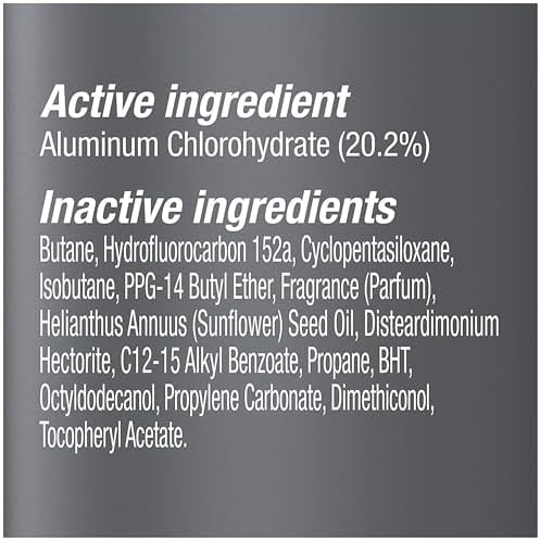 Back label view of Dove Men Care antiperspirant spray detailing instructions for use and aluminum chlorohydrate ingredients
