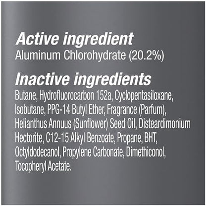 Back label view of Dove Men Care antiperspirant spray detailing instructions for use and aluminum chlorohydrate ingredients