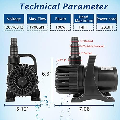 WaterRebirth water pump side profile with power cord
