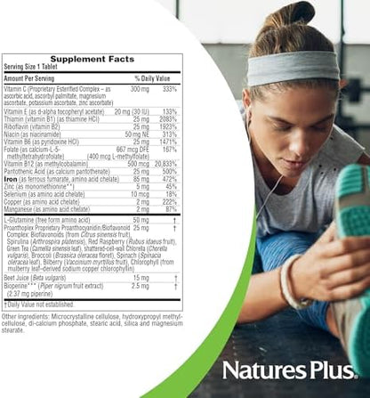 Authentic imported NaturesPlus Hema-Plex chelated iron supplement bottle displaying dosage usage directions and safety warnings.