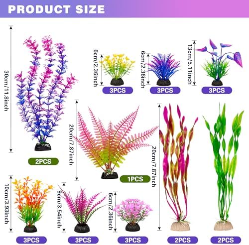 Ameliade colorful aquarium decor kit displaying twelve short seven medium and six tall fake plants.