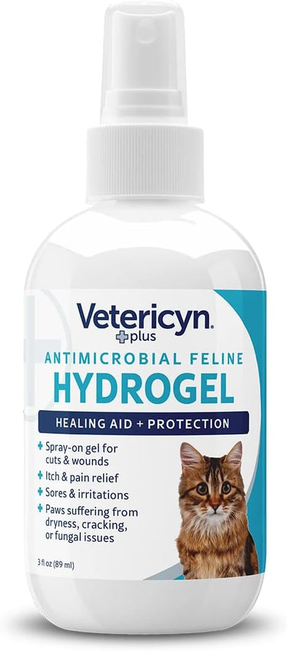 Vetericyn Plus feline antimicrobial hydrogel spray bottle showing application directions for pet wounds.