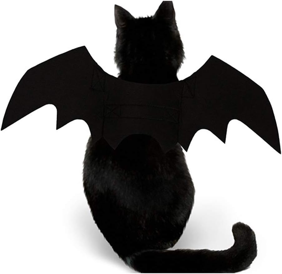 Adjustable straps on black felt bat wings for cats