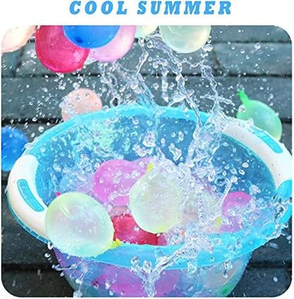 A vibrant assortment of seven different colored water balloons inflated to six inches