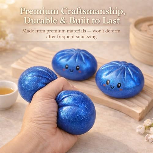 Authentic imported USA squishy dumpling toy held in hand for size comparison.