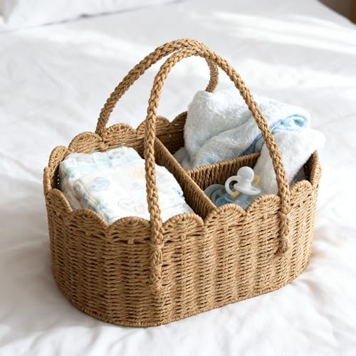 Top down view of organized diaper caddy with removable divider