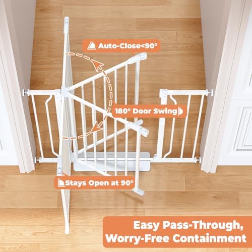White metal child safety barrier close up showing the dual locking mechanism handle