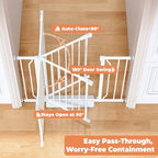 White metal child safety barrier close up showing the dual locking mechanism handle