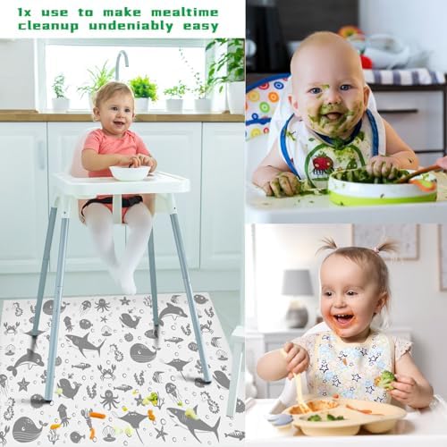 Waterproof plastic splash mat protecting wooden floor from baby food spills.