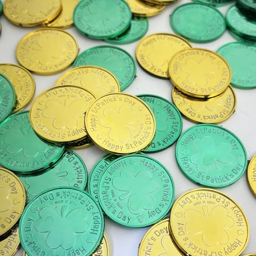 Decorative black pot filled to the brim with gold and green plastic lucky clover tokens.