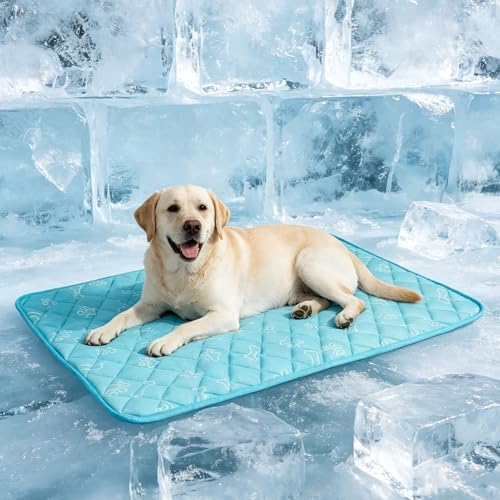 Large dog resting comfortably on a thick blue ice silk pet cooling pad