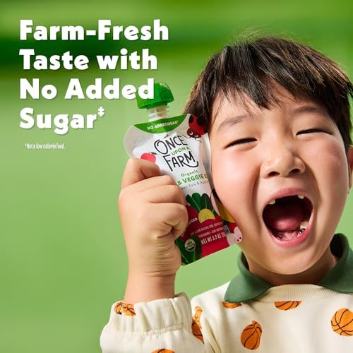 Close up of Once Upon A Farm organic fruit and veggie blend
