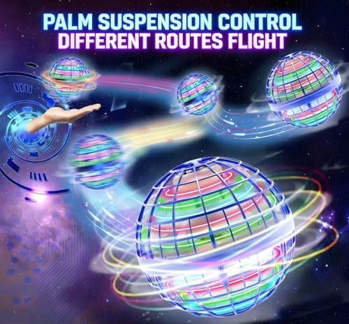 Hand controlled flying orb ball hovering over an open palm indoors.