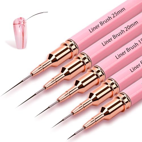 Voiluk 5 piece nail art liner brush set front view with pink handles
