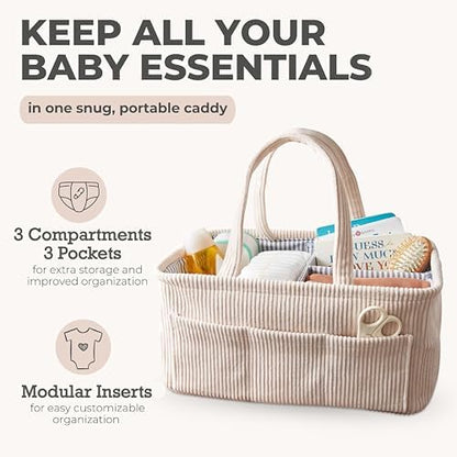Foldable diaper caddy shown in a car trunk for travel