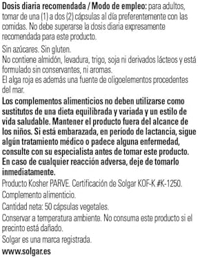 Solgar Oceanic Silica from red algae bone health supplement bottle label details and ingredient list facts.
