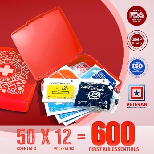 Internal view of EVERLIT pocket aid showing 50 sterile medical supplies.