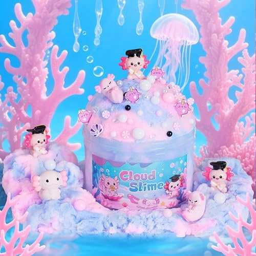Soft blue-pink and purple-black fluffy slime being stretched by hand.