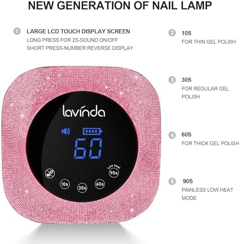 Lavinda cordless nail lamp showing timer settings and touch screen