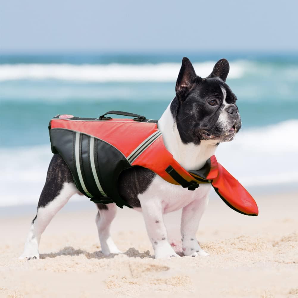 Adjustable pet flotation jacket showing secure underbelly straps for secure water protection.