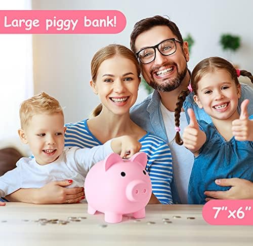 Unbreakable pink money bank for kids showing the durable shatterproof plastic build.