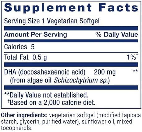 Life Extension Vegetarian Sourced DHA 200 mg supplement label facts
