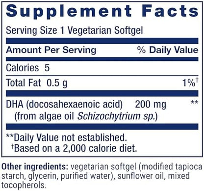 Life Extension Vegetarian Sourced DHA 200 mg supplement label facts