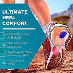 Homergy heel pads being placed inside a sports shoe for cushioning.