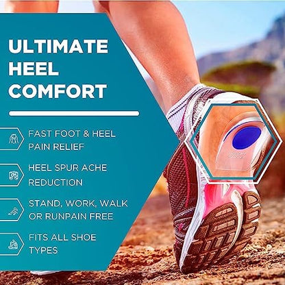 Homergy heel pads being placed inside a sports shoe for cushioning.