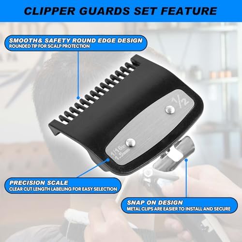 Close up view of the metal clip reinforcement on the half size clipper guide comb