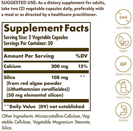 Solgar Oceanic Silica 25mg trace element supplement facts label showing marine red algae ingredients