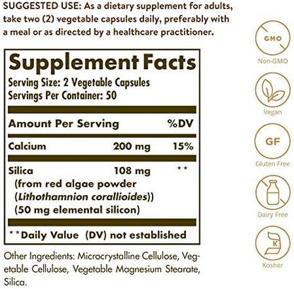 Solgar Oceanic Silica 25mg trace element supplement facts label showing marine red algae ingredients