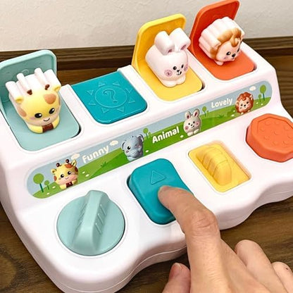 Educational color sorting animal toy with open pop up characters for toddler learning.