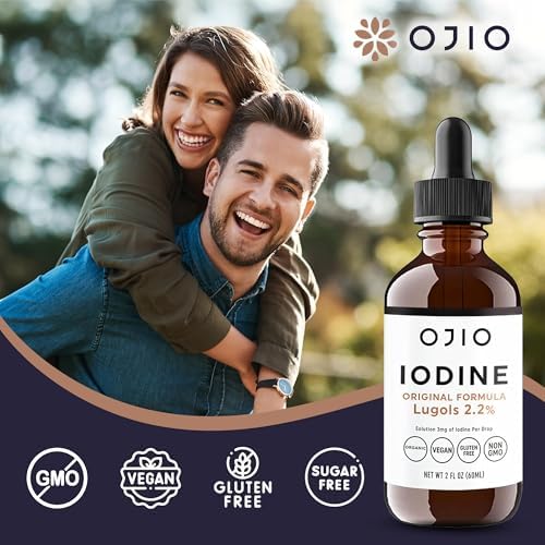 Ojio Lugols Iodine Solution 2 percent supplement packaging displaying vegan and gluten-free certifications