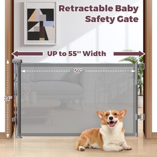 Grey mesh dog safety barrier extended wide across room doorway