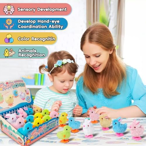 Four piece pack of clockwork bunny and chicken toys displayed in yellow green blue and pink shades.