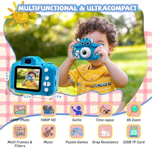 RAYBITU toddler toy camera showing the dual lens system and crisp rear display screen.