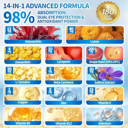 Supplement facts label on VivoNu 14-in-1 softgels bottle showing microalgae and marigold ingredients